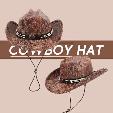 Chapeau De Cow-Boy Occidental Vintage Suède Effet Vieilli Bord Large Protection Solaire Équitation Avec Mentonnière