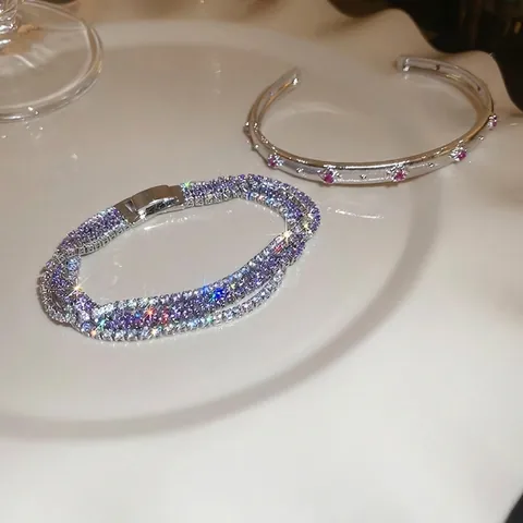 Elegant Copper Zircon Multi Layer Tennis Bracelet And Brushed Texture Cuff Bangle Luxury Fashion Jewelry For Women