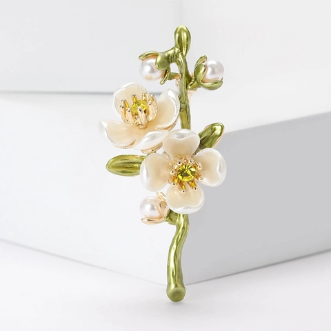 Broche de Rama de Flor de Ciruelo Estilo Coreano para Mujer Aleación Esmalte Flor Planta Alfiler Con Perla Artificial Strass Joyería