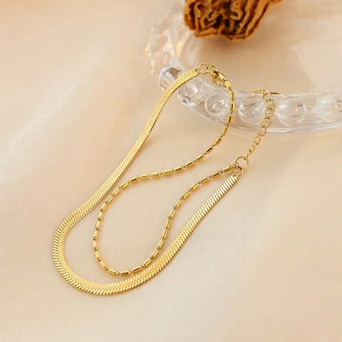 Titanstahl 18K Vergoldet Doppelschichtig Armband Für Damen Elegant Perlenkette Geometrischer Lagenschmuck Geschenk