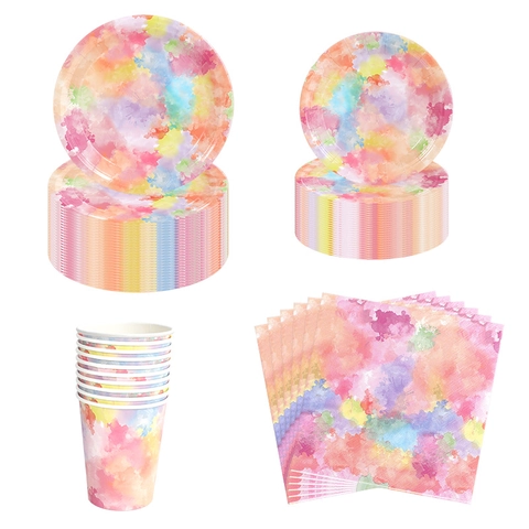 Stoviglie Per Feste Acquerello Tie Dye Colorate Piatti Di Carta Usa E Getta Tazze Tovaglioli Posate Di Plastica Tovaglia Alzata Per Torte