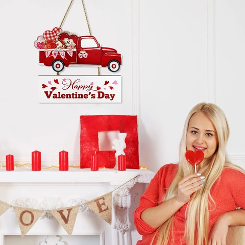 Valentine's Day Wood Hanging Sign Red Truck Heart Rose Pattern Front Door Wall Decor Romantic Holiday Home Ornament