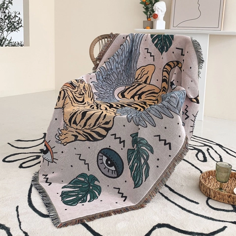 Coperta Intrecciata Tigre Alata Cotone Boemo Nappe Copridivano Picnic Campeggio Arazzo Da Parete Illustrazione Vintage
