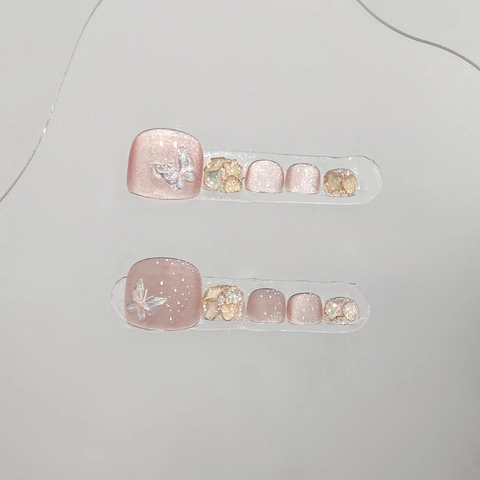 Press On Toe Nails Handmade Pink Cat Eye Design With 3D Butterfly And Glitter Sequins Luxury Foot Decoration For Women