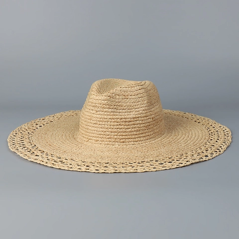 Women Wide Brim Raffia Fedora Hat Summer Beach Straw Sunshade Hollow Out Edge Hand Woven Jazz Style Fashionable Elegant