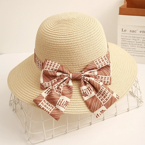 Women Straw Sun Hat Wide Brim Woven Bucket Hat Ribbon Bow Beach Vacation Summer Travel Elegant Breathable
