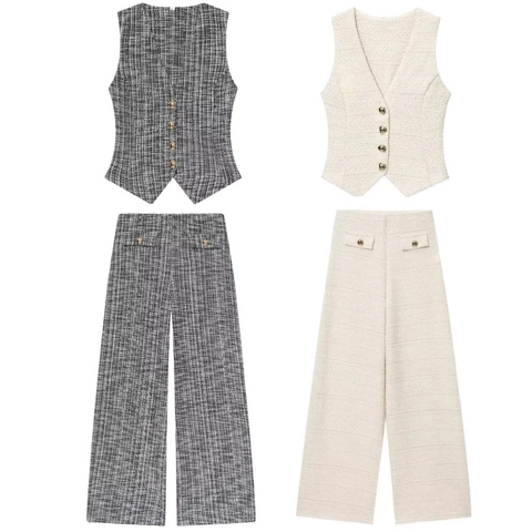 Chaleco Sin Mangas De Tweed Con Cuello En V Y Pantalones De Pierna Ancha De Talle Alto Para Mujer