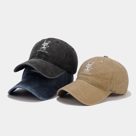 Washed Cotton Baseball Cap Distressed Embroidered Funny Cat Letter Sun Hat Outdoor Casual Adjustable For Men Women