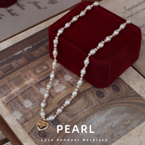 Französische Vintage Süßwasserperle Herz Anhänger Halskette Vergoldetes Kupfer Krone Strass Choker Für Damen Original Schmuck