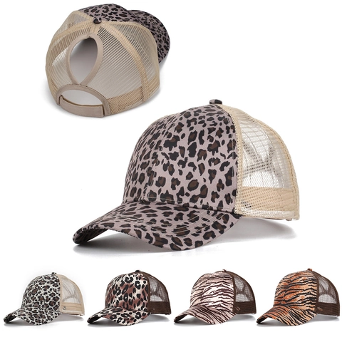 Gorra De Camionero Con Coleta Para Mujer Estampado De Leopardo Tigre Malla Transpirable Protector Solar Ajustable