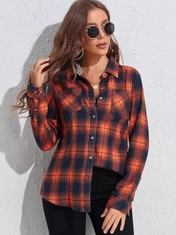 Dames Flannellen Geruite Overhemd Lange Mouwen Knoopsluiting Casual Blouse Met Zakken