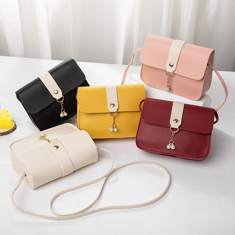 Women PU Leather Crossbody Bag Mini Square Flap Purse Artificial Pearl Pendant Elegant Fashion Small Daily Shoulder Bag