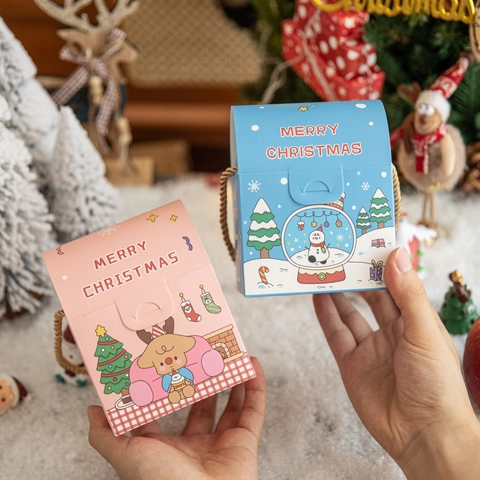 Christmas Gift Boxes Paper Handheld Candy Apple Packaging For Kids Party Favors Cartoon Santa Snowman Reindeer Design