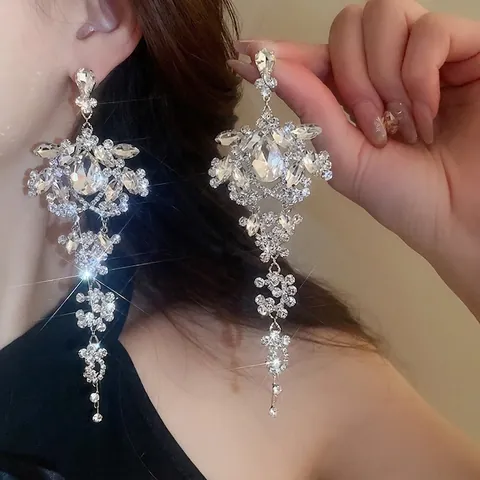 Pendientes De Borla Larga Con Diamantes De Imitación En Forma De Gota De Agua Con Poste De Plata De Ley 925 Joyería De Boda