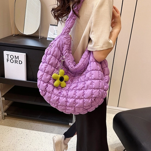 Quilted Puffer Shoulder Bag Spacious Nylon Bubble Cloud Tote Casual Hobo Handbag For Women