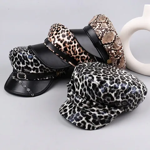 Berretto Cadet A Cima Piatta In Pelle PU Con Stampa Leopardata Da Donna Con Decorazione Fibbia Della Cintura Newsboy
