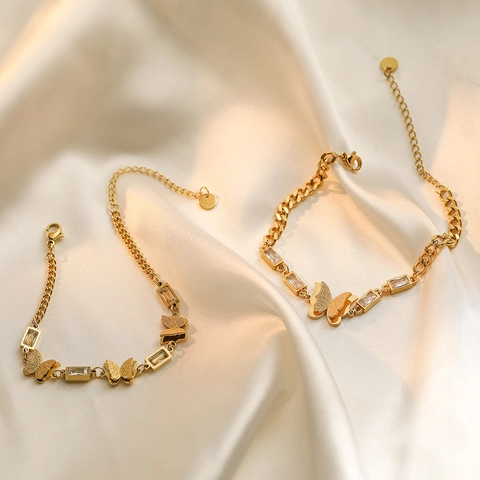 Bracciale Pendente Farfalla Acciaio Inossidabile Placcato Oro Con Cristallo Di Zircone Rettangolare Gioielli Eleganti