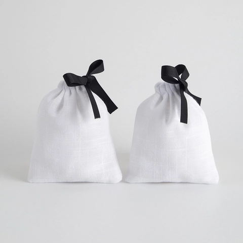 Cotton Slub Jewelry Packaging Drawstring Pouch With Black Ribbon Bow For Gift Storage Small Organizer Cloth Bags