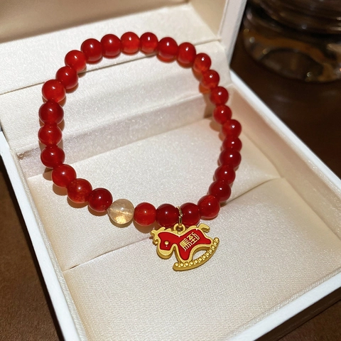 Bracciale Di Agata Rossa Vintage Con Ciondolo Cavallo Dello Zodiaco In Lega Dorata Portafortuna Per Donne