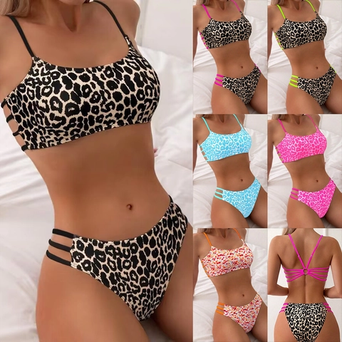 Bikini Top And Bottom Leopard Print Cutout Side High Cut Swimsuit Spaghetti Strap Beachwear