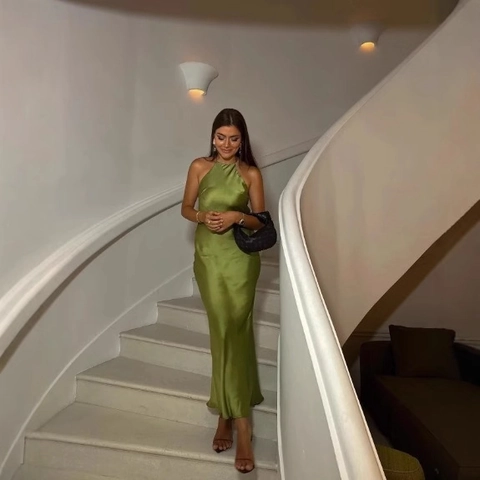 Women Halter Maxi Dress Backless Satin Texture Solid Color Sleeveless Elegant Party Gown