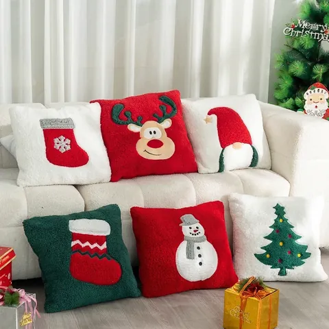 Weihnachts Wurfkissen Bestickt Sherpa Vlies Weihnachtsmann Rentier Schneemann Xmas Feiertag Haus Deko