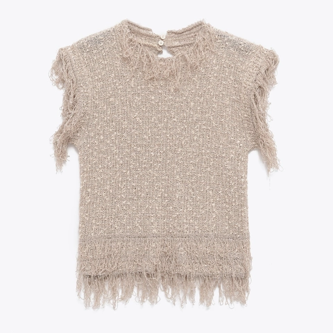 Canotta In Maglia Senza Maniche Da Donna Frange Nappine Girocollo Strutturato Poliestere Gilet Morbido Confortevole Streetwear Beige