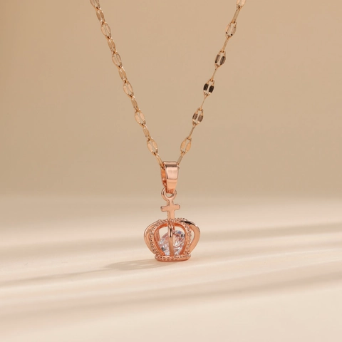 Krone Anhänger Halskette Roségold Edelstahl Zirkon Hohl Kreuz Spitze Eleganter Schmuck Für Damen