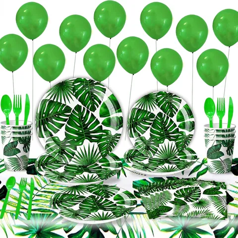 Vajilla Para Fiesta De Hojas De Palma Tropicales Desechable Platos De Papel Vasos Servilletas Mantel Cubiertos Banner Luau