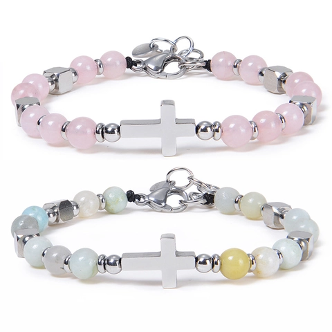 Bracciale Di Perline In Pietra Naturale Con Ciondolo A Croce In Acciaio Inossidabile Perline Rotonde Gioielli Religiosi Regolabili Per Donna Uomo