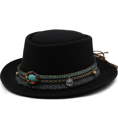 Cappello Fedora Etnico Boho Testa Piatta Tesa Larga Feltro Poliestere Con Nappine Perline Turchese Moneta Metallo Decor
