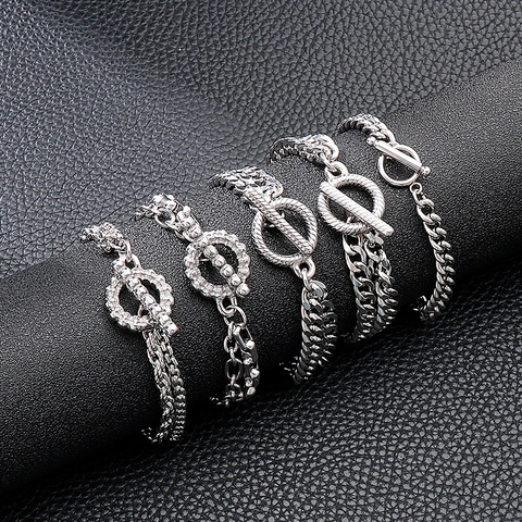 Men Double Layer Chain Bracelet Stainless Steel OT Buckle Punk Industrial Spliced Style Jewelry Gift For Him
