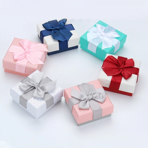 Exquisite Bow Knot Square Jewelry Packaging Box Paper Gift Box For Ring Necklace Earring Storage Multi Color Display Box