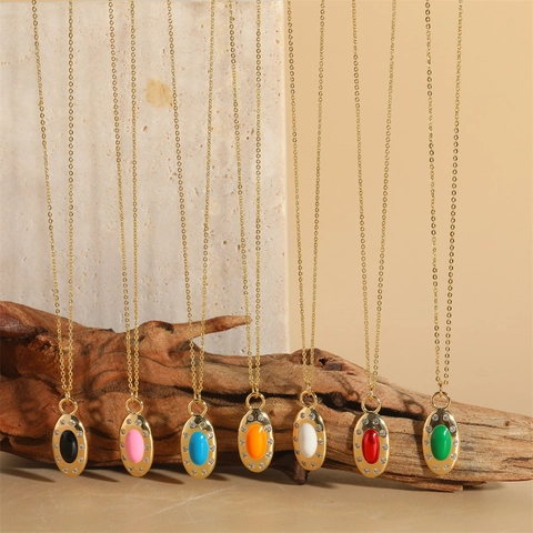Collar Con Colgante Ovalado Vintage Francés Cobre Circón Colorido Chapado En Oro Retro Cadena De Clavícula Joyería Para Mujeres