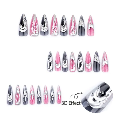 Long Stiletto Press On Nägel 3D Silber Flüssigmetall Design Künstliche Falsche Nägel Für Frauen Verlauf Pink Schwarz Gothic Stil