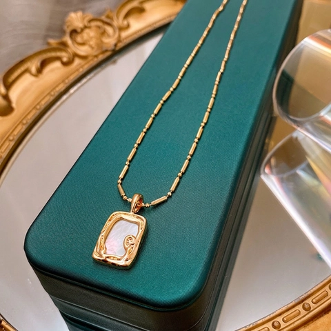 Collar Con Colgante De Cobre Chapado En Oro Real Con Nácar Rectangular Joyería Retro Francesa Elegante Para Mujeres