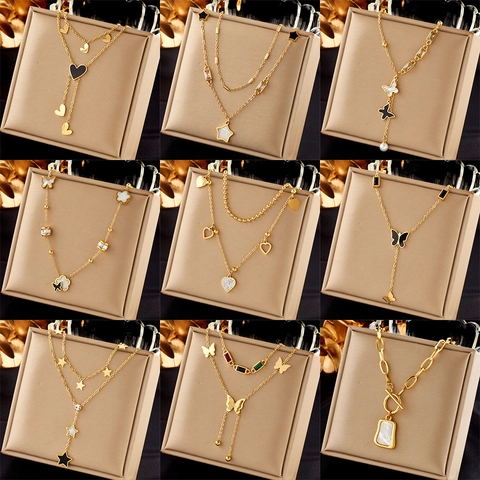 Layered Necklace Stainless Steel 18K Gold Plated Butterfly Heart Shell Pendants Chic Versatile Women
