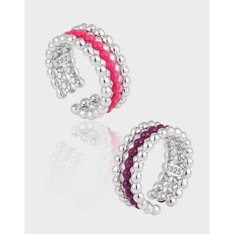 925 Sterling Silver Ring Beaded Multi Layer Enamel Colorful Adjustable Open Band Jewelry For Women