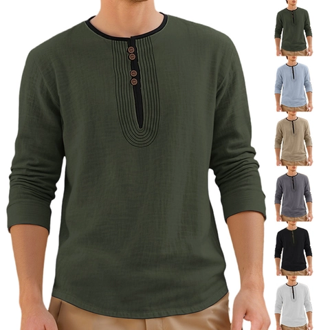 Camicia Henley Da Uomo A Maniche Lunghe Misto Lino Traspirante Stile Americano Vintage Casual Top Largo Colore Solido