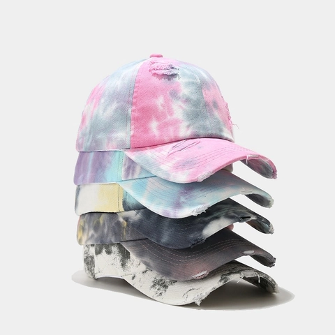 Casquette De Baseball Tie Dye Distressed Pur Coton Déchirée Visière Courbée Ajustable Hip Hop Streetwear Unisexe Chapeau Soleil