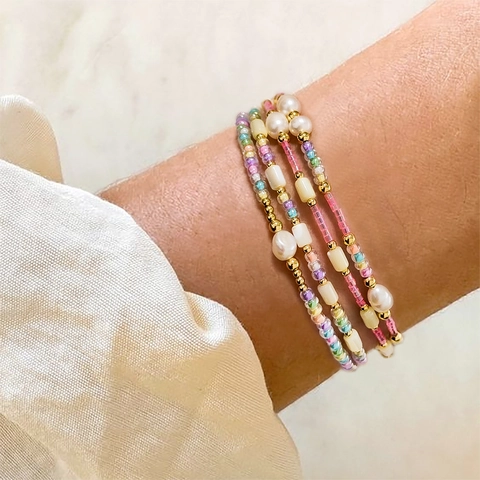 Bohemian Handmade Beaded Bracelet For Women Freshwater Pearl Shell Glass Beads Colorful Adjustable Multi Layer Jewelry Gift