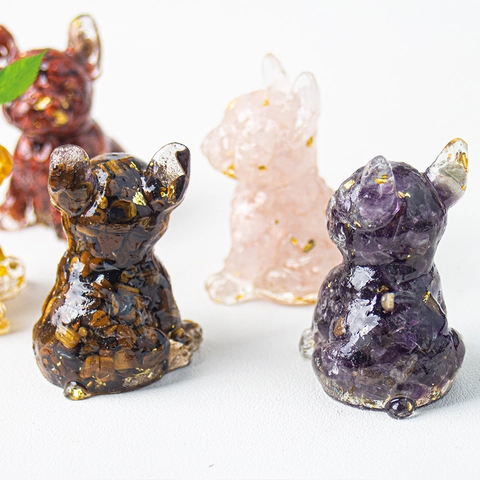 French Bulldog Figurine Natural Crystal Gravel Resin Dog Statue Gold Foil Small Desk Ornament Home Decor Animal Healing