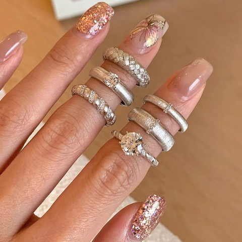 Eleganter Legierung Strass Geflochtener Ring Damen Verstellbarer Offener Finger Schmuck Gebürstete Textur Trendy