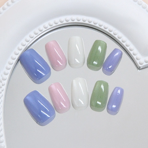 Handmade Press On Nails ABS Plastic Cat Eye Jelly Macaron Colorful Short Square Round Fake Nails For Women Shimmer
