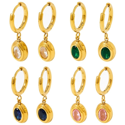Stainless Steel Gold Hoop Earrings With Oval Cubic Zirconia Pendant Elegant Minimalist Jewelry For Women