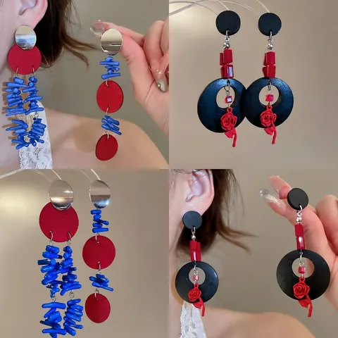 Asymmetric Long Dangle Earrings With 925 Sterling Silver Earring Post Red Rose Blue Geometric Leather Artistic Floral