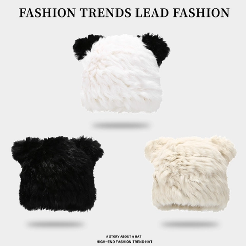 Damen Winter Plüsch Panda Ohren Beanie Mütze Kunstfell Warm Winddicht Outdoor Süße Tierohren Neuheit Haube