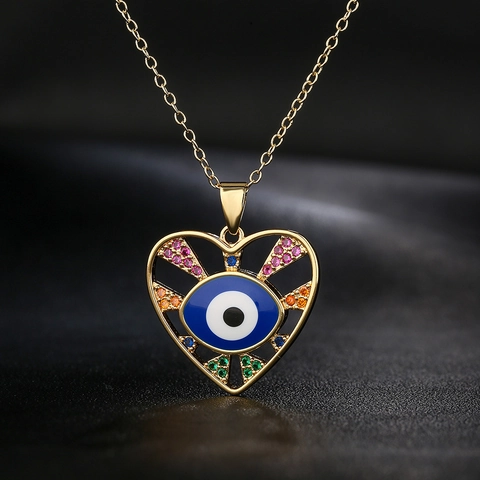 Boze Oog Hart Hanger Ketting Koper Kleurrijke Zirkonia Emaille Gelukssieraden Voor Dames Ins Stijl