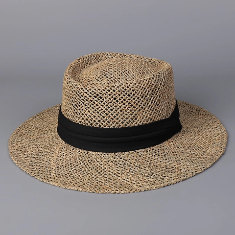 Straw Fedora Hat Wide Brim Summer Beach Sun Hat 100% Salt Grass Hollow Weave Breathable Foldable Elegant Travel Hat