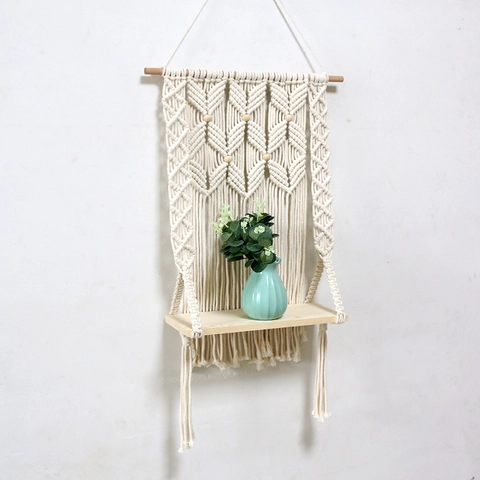 Scaffale Da Parete In Macramè Fatto A Mano Con Legno Corda Di Cotone Arazzo Tessuto Decorazione Boho Organizzatore